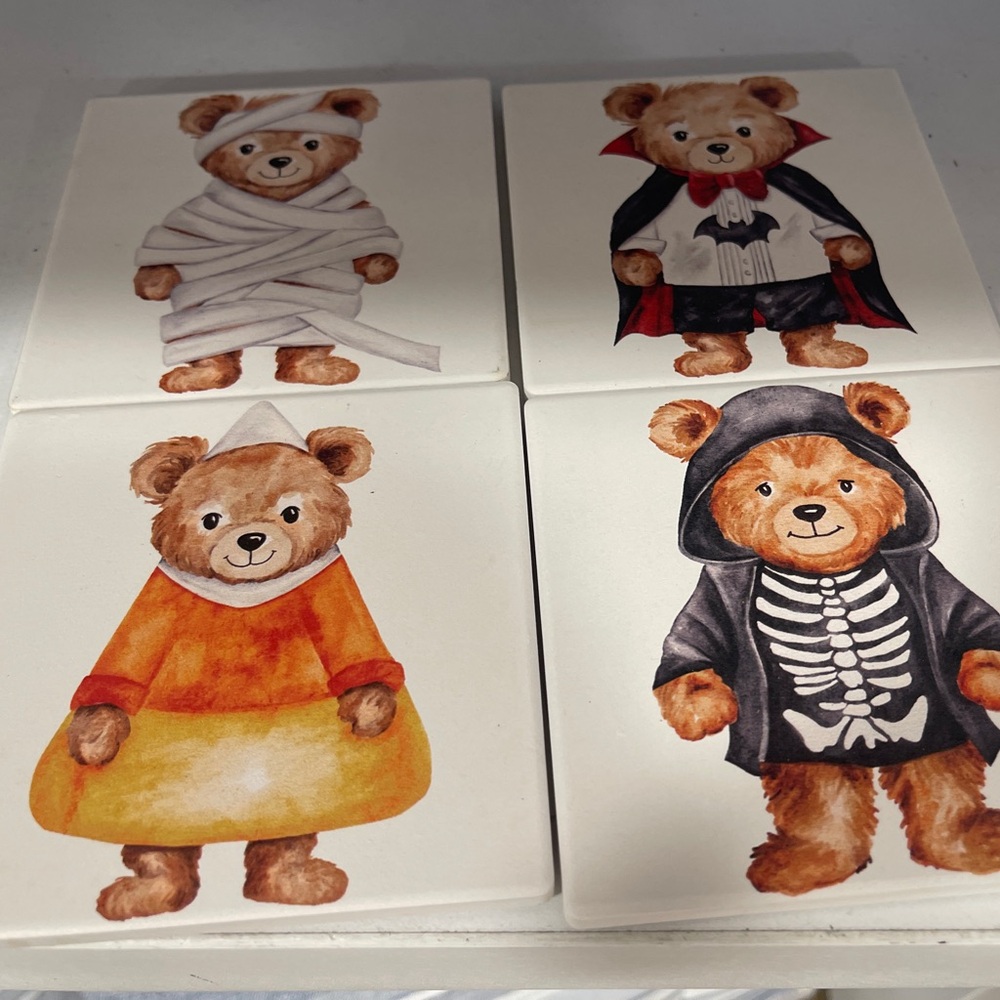Halloween Teddy Bears in Costumes Set of 4 Different Ceramic Coasters NWT 🧸 🎃